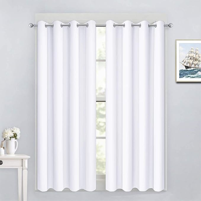 Yakamok Pure White Curtains 45 Inch Length, Grommet Top Small Window Drapes for Living Room/Bedroom(52 Inch Width, 2 Panels)