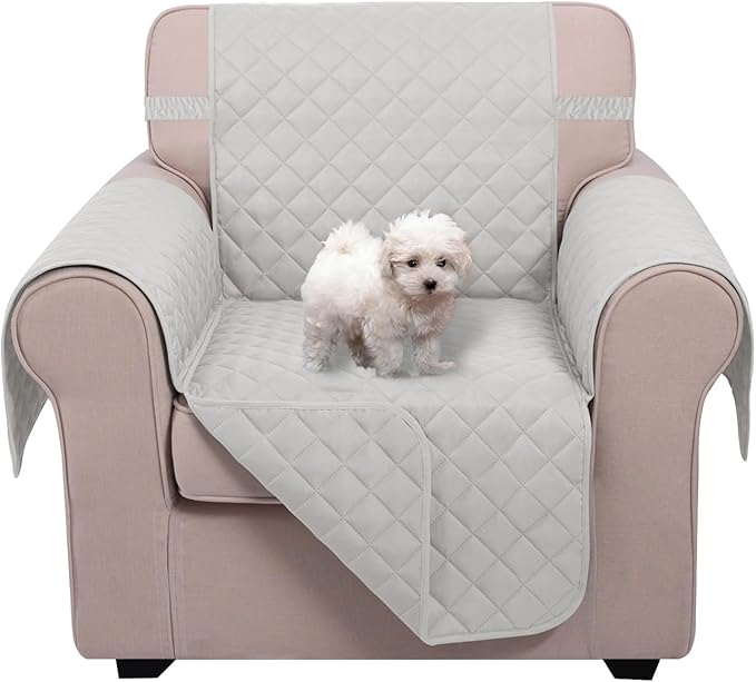 U-NICE HOME Reversible Oversized Chair Covers Quilted Water Repellent Pet Protectors with Elastic Straps(28''Armchair, Light Grey/Light Grey)