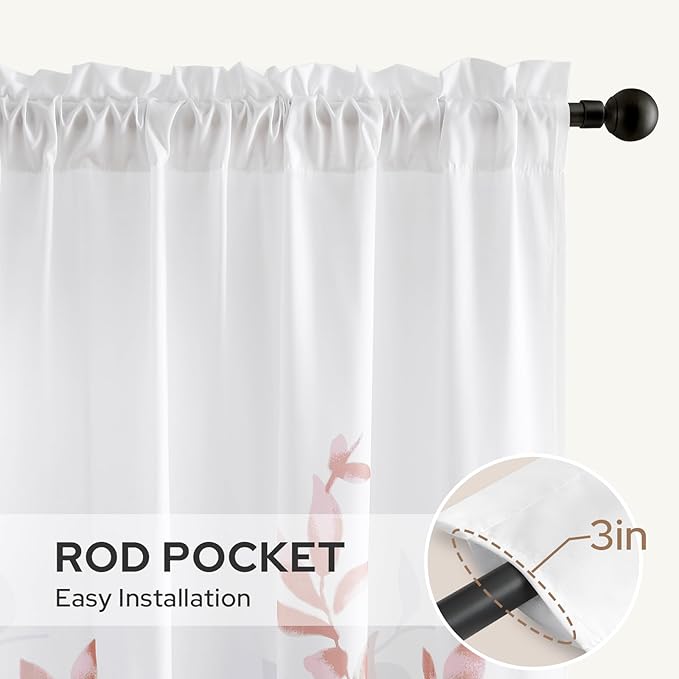 HOMEIDEAS Non-See-Through Pink and White Privacy Sheer Curtains 52 X 84 Inch Length 2 Panels, Leaf Floral Printed Light Filtering Semi Sheer Window Curtains Drapes for Bedroom Living Room