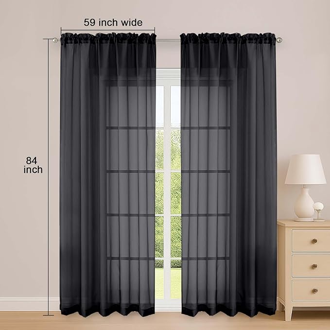 OWENIE Sheer Curtains 84 Inches Long 2 Panels Set, Black Sheer Curtain for Living Room Bedroom, Modern Filmy Rod Pocket Curtains Drapes, 2 Pcs, Each 59 W x 84L, Black