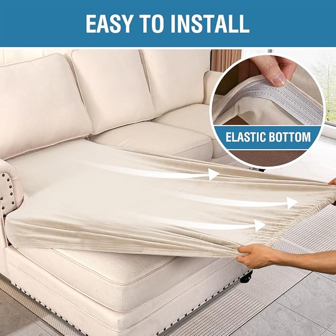 H.VERSAILTEX Velvet Stretch Individual Chaise Cover Sectional Couch Covers for L Shaped Sofa Both Left/Right Furniture Protector Seat Cushion Sofa Cover (1 Piece Chaise Cover, Ivory)