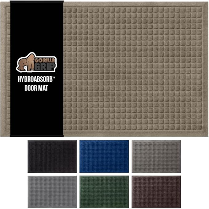 GORILLA GRIP® Ultra Absorbent Front Door Mat Outside Entrance, Traps Dirt and Moisture, HydroABSORB Indoor Outdoor Doormat Holds Up to 1.7 Cups Water, Stain and Fade Resistant Welcome Mat, 29x17 Beige