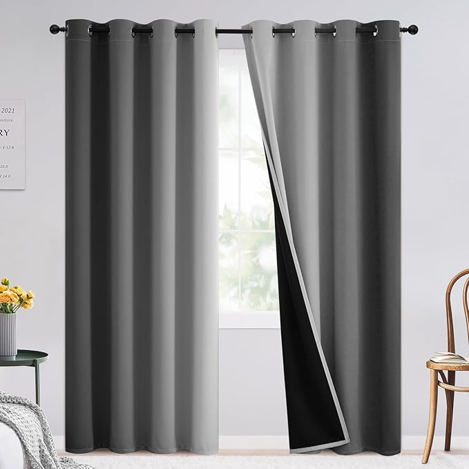 SimpleHome 100% Blackout Ombre Room Darkening Curtains for Living Room, Light Blocking Grey to Greyish White Thermal Insulated Grommet Window Drapes for Bedroom, 2 Panels, 52x96 inches Length