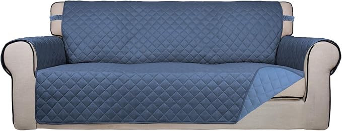 PureFit Reversible Quilted Sofa Cover, Water Resistant Slipcover Furniture Protector, Washable Couch Cover with Non Slip Foam and Elastic Straps for Kids, Pets (X Large, DarkBlue/LightBlue)