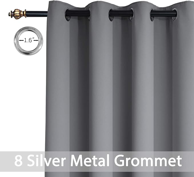 Yakamok Room Darkening Curtains Thermal Insulated Gray Blackout Curtain Panels Solid Grommet Top Window Drapes for Bedroom Living Room Decor(52x72 Inch, Grey, 2 Panels)
