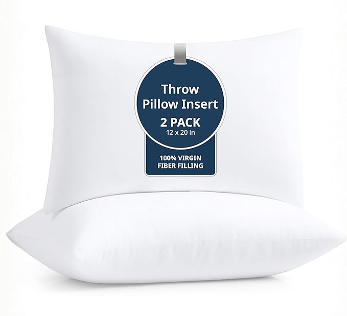 LANE LINEN 12x20 Pillow Insert - Pack of 2 White Decorative Pillows for Sofa Bed, Fluffy Pillow Inserts for Cushion Covers, Bed, Couch Pillows for Living Room