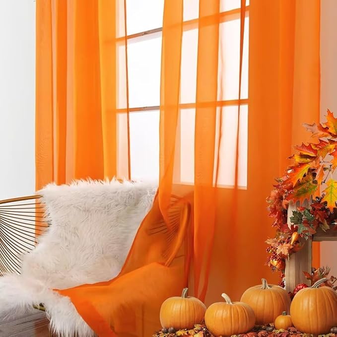 SpaceDresser Basic Rod Pocket Sheer Voile Window Curtain Panels Orange 1 Pair 2 Panels 26 Width 24 Inch Long for Kitchen Bedroom Children Living Room Yard（Orange，26Wx 24L）