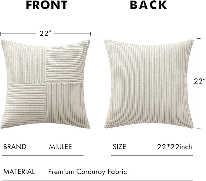 MIULEE Beige Decorative Throw Pillow Covers 22x22 Inch for Couch Bed Sofa Pack of 2 Boho Neutral Farmhouse Throw Pillows Soft Cross Corduroy Patchwork Textured Cushion Cases