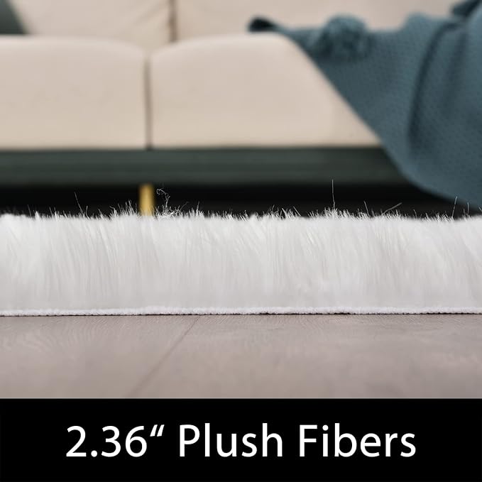 Latepis High Pile Faux Fur Area Rug, 5 x 8 ft, White, Fluffy Rug for Bedroom, Living Room, Playroom, Nursery