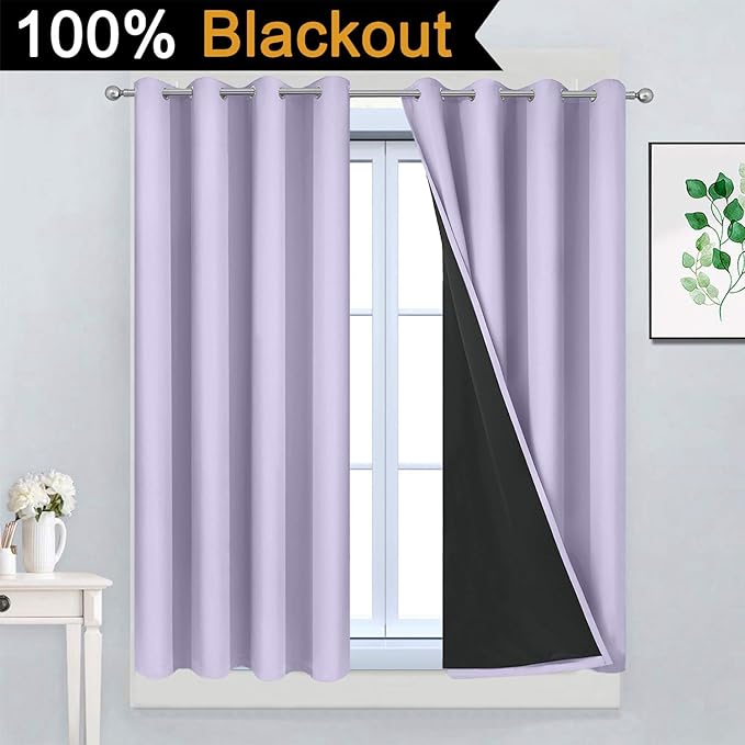 Yakamok Full Blackout Curtains 45 Inches Long,Blackout Curtain Panels for Bedroom, 2 Thick Layers Grommet Top Thermal Insulated Drapes with Black Liner for Living Room(52Wx45L, Lilac, Set of 2)