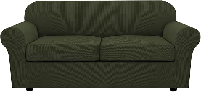 H.VERSAILTEX 3 Piece Stretch Sofa Covers for 2 Cushion Loveseat Couch Covers for Living Room Sofa (Base Cover Plus 2 Seat Cushion Covers) Thicker Jacquard Fabric (Medium Sofa, Olive)