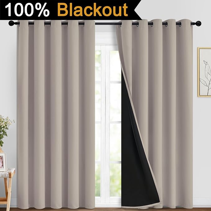 Yakamok 100% Blackout Curtains 84 Inches Long, 2 Thick Layers Heat and Full Light Blocking Soft Thermal Insulated Drapes for Bedroom(62" Wide Each Panel, Natural, 2 Panels)