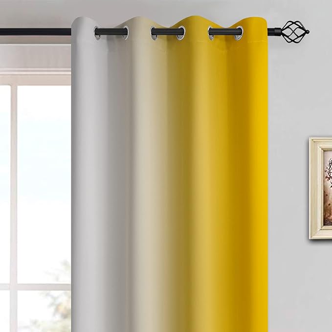 Yakamok Yellow Ombre Curtains 63 Inches Long, Light Blocking Gradient Color Curtain Panels, Room Darkening Grommet Window Drapes for Bedroom(52x63 Inch, 2 Panels)
