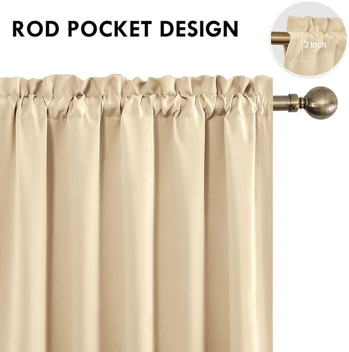DWCN Blackout Curtains for Living Room Thermal Insulated, Energy Saving & Noise Reducing Bedroom Curtains, Beige, W 70x L 63 Inch, Set of 2 Rod Pocket Curtain Panels