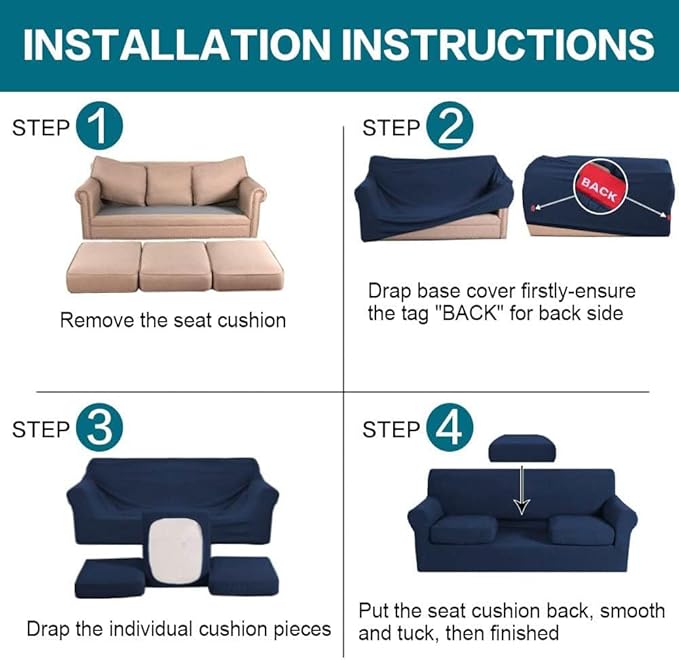 Turquoize 4 Piece Sofa Covers for 3 Cushion Couch Sofa Slipcover Soft Couch Cover for Dogs-Washable Sofa Furniture Covers with 3 Individual Cushion Covers, Jacquard Fabric (3 Cushion Sofa, Navy)