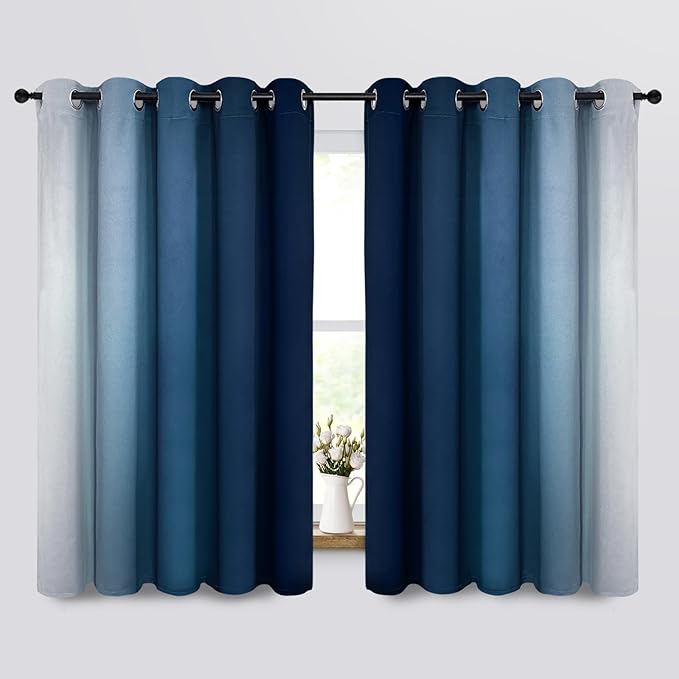 Yakamok Room Darkening Ombre Curtains,Thermal Insulated Grommet Window Drapes, Light Blocking Gradient Color Curtains for Bedroom(Blue and Greyish White, 70x63 Inch, Set of 2)