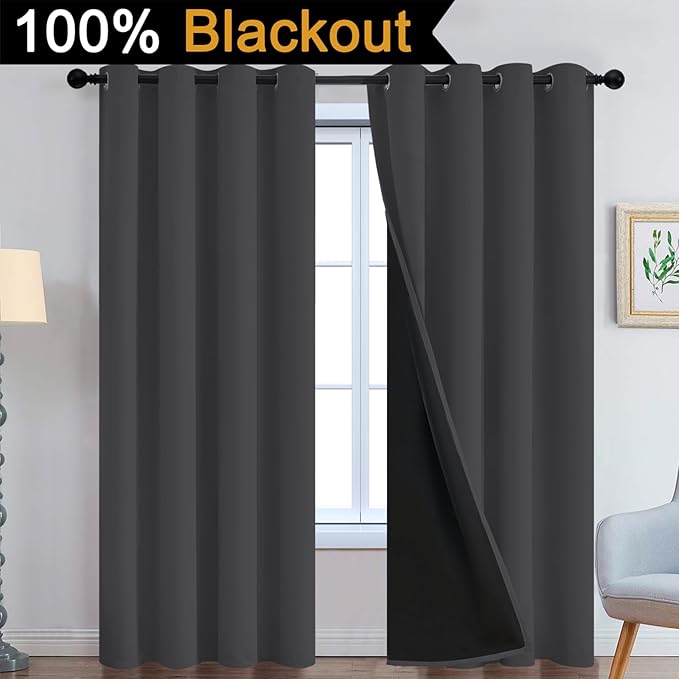 Yakamok 100% Blackout Curtains, 2 Thick Layers Thermal Insulated Total Blackout Drapes for Bedroom, Heat Blocking Window Curtains for Living Room(Charcoal Grey, 52Wx84L, 2 Panels)