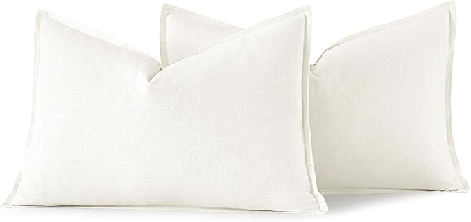 MIULEE Decorative Linen Lumbar Pillow Covers 12x20 Inch Cream White Boho Farmhouse Neutral Couch Throw Pillows for Bed Pack of 2 Accent Modern Pillowcase Sofa Livingroom Home Decor