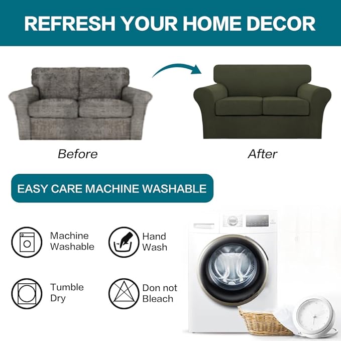 Turquoize 3 Piece Sofa Covers for 2 Cushion Couch Sofa Slipcover Soft Couch Cover for Dogs-Washable Sofa Furniture Cover with 2 Individual Cushion Covers, Thick Jacquard Fabric (Loveseat, Olive)