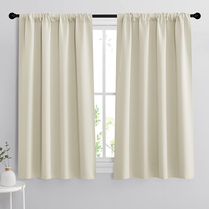 RYB HOME Curtains for Bedroom Living Room 63 inches Long, Thermal Insulated Privacy Rod Pocket Drapes for Nursery Office Home Theater, Width 34 by Length 63, Beige, 2 Panels