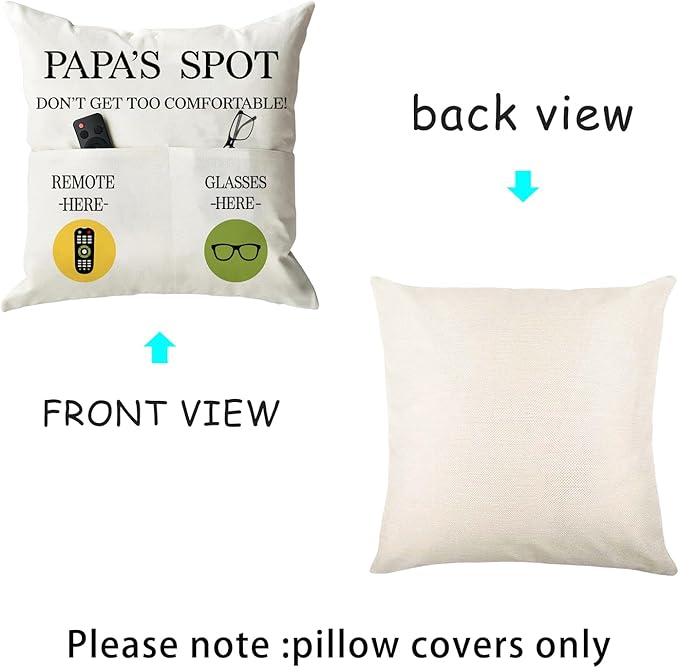 ONFAON Papa Gifts Throw Pillow Case, Papa's Spot Throw Pillow Covers 18 x 18 Inch,Birthday Christmas Thanksgiving Day Gifts for Papa Stepdad 2-Pocket