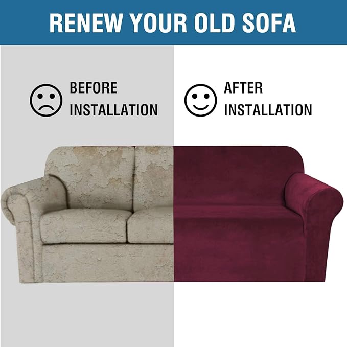 H.VERSAILTEX Stretch Velvet Sofa Covers for 3 Cushion Couch Covers Sofa Slipcovers Furniture Protector Soft with Non Slip Elastic Bottom, Crafted from Thick Comfy Rich Velour (Sofa 72"-90", Burgundy)