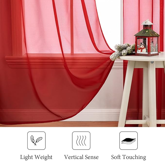 MIULEE 2 Panels Red Solid Color Sheer Christmas Window Curtains Elegant Window Voile Panels/Drapes/Treatment for Bedroom Living Room (54X63 Inches)