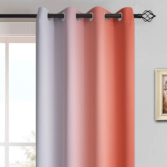 Yakamok Light Blocking Ombre Curtains, Greyish White and Coral Gradient Color Curtains with Grommet,Room Darkening Window Drapes for Bedroom (52x84 Inch, 2 Panels)