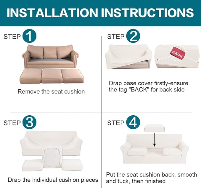 Turquoize 4 Piece Sofa Covers for 3 Cushion Couch Sofa Slipcover Soft Couch Cover for Dogs-Washable Sofa Furniture Cover with 3 Individual Cushion Covers (3 Cushion Sofa, Porcelain)