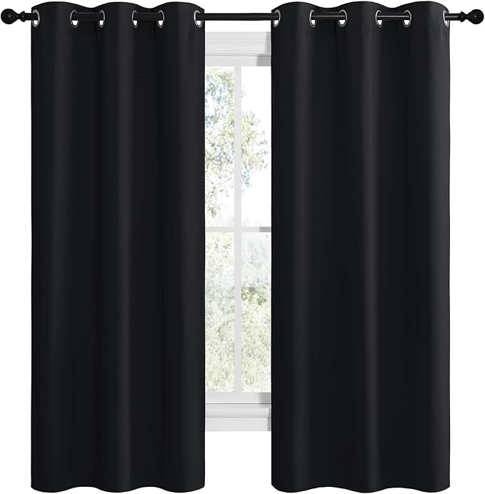 NICETOWN Bathroom Blackout Thermal Curtains and Drapes, Black Solid Thermal Insulated Grommet Blackout Drapery Panels for Window (2 Panels, 42 inches Wide by 68 inches Long, Black)