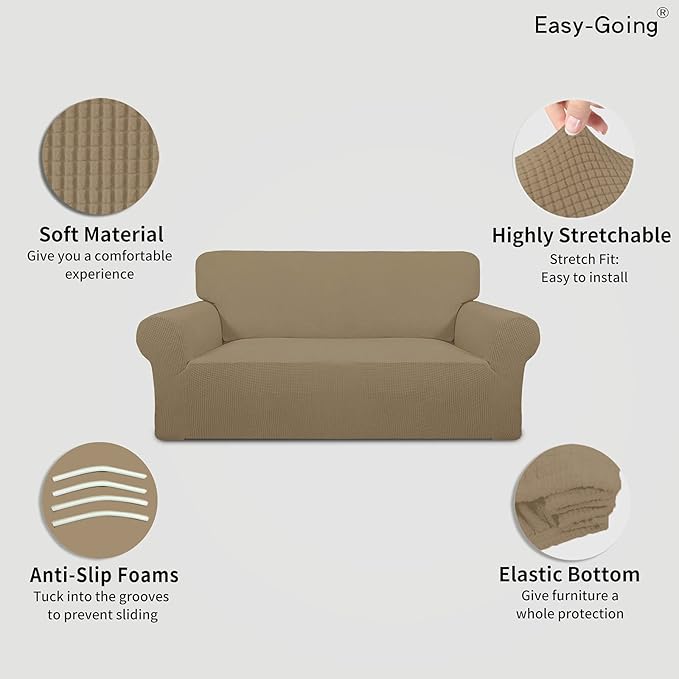 Easy-Going Stretch Oversized Loveseat Slipcover 1-Piece Sofa Cover Furniture Protector Couch Soft with Elastic Bottom for Kids Polyester Spandex Jacquard Fabric Small Checks Tan