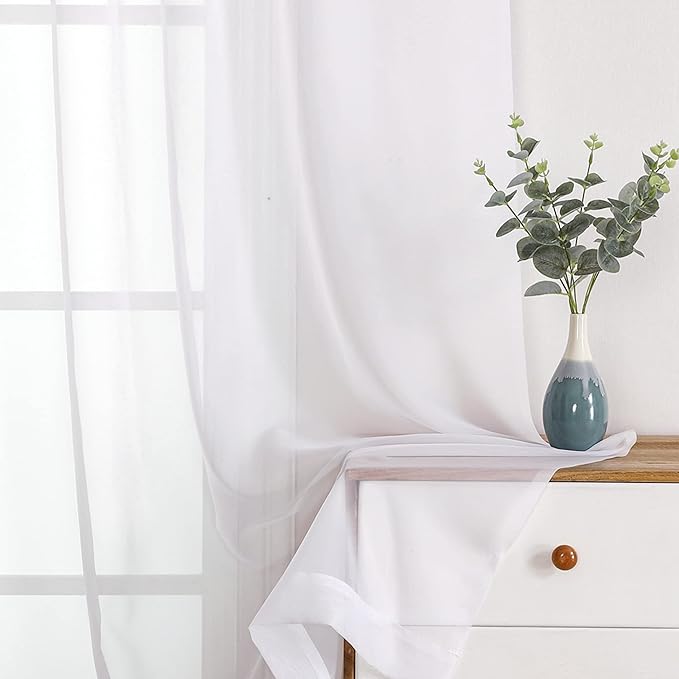OWENIE Sheer Curtains, White Sheer Curtains 50 Inch Length 2 Panels Set, Rod Pocket Voile Fimly Sheer Drapes for Living Room Bedroom, 2pcs, White, Each 42" W x 50" L