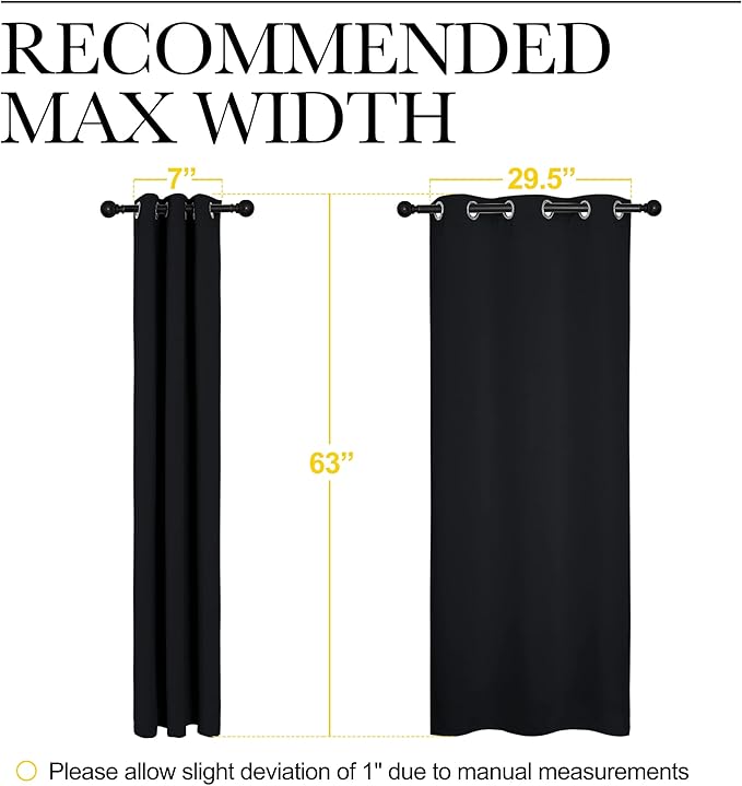 NICETOWN Living Room Blackout Curtains and Drapes, Black Solid Thermal Insulated Grommet Blackout Drapery Panels for Window (2 Panels, 34 inches Wide by 63 inches Long, Black)
