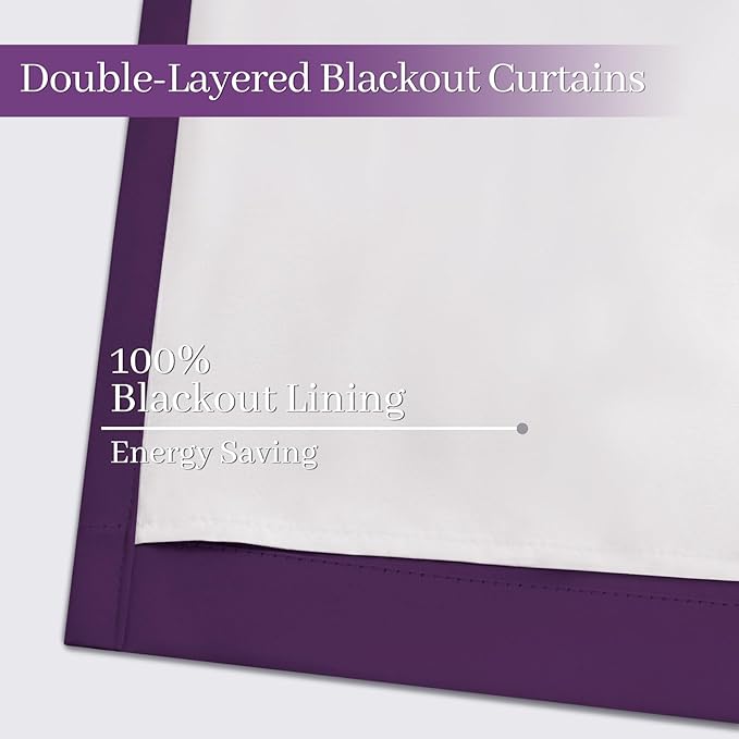 Yakamok Room Darkening 100% Blackout Curtains Grommet Window Treatments with 2 Thick Layers-Purple Thermal Insulated Drapes Set of 2 Panels for Bedroom Living Room 38 Inches by 84 Inches Length