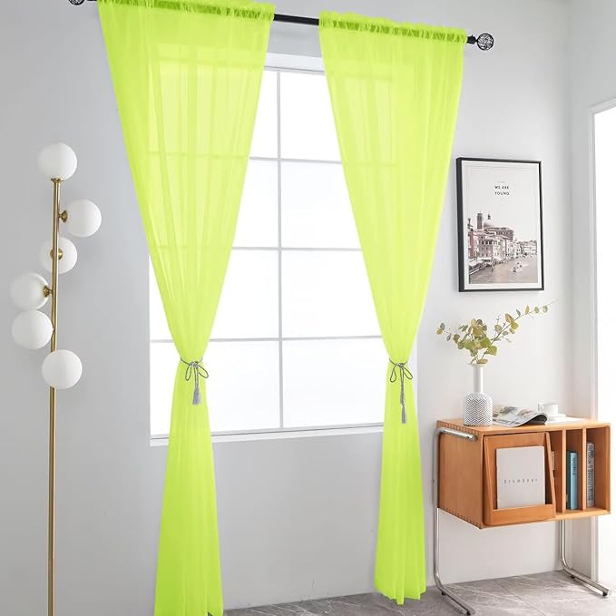 SpaceDresser Basic Rod Pocket Sheer Voile Window Curtain Panels Chartreuse 1 Pair 2 Panels 52 Width 45 Inch Long for Kitchen Bedroom Children Living Room Yard（Chartreuse, 52W x 45L）