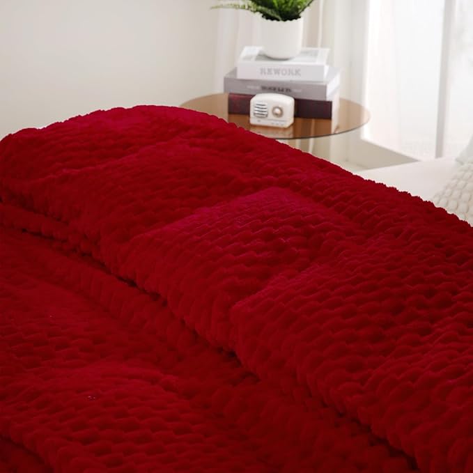 Puncuntex Red Throw Blanket 108"×90" inches Fuzzy 3D Jacquard Decorative Flannel Fleece Super Soft Plush Cozy Blanket for Couch Sofa Chair Lightweight