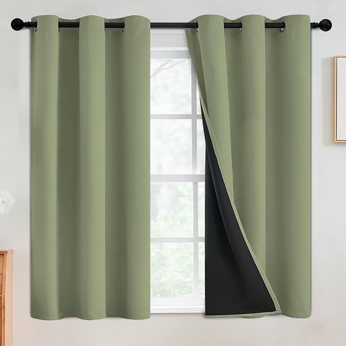 SimpleHome 100% Blackout Curtains for Bedroom,Thermal Insulated Sage Grommet Window Drapes Room Darkening Curtains for Living Room with Black Back,42 x 54 Inch,2 Panels