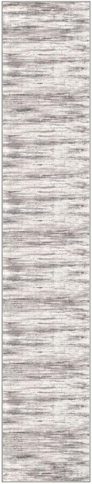 KOZYFLY Modern Abstract Washable Rug Runner 2.6x14 Hallway Rug Runner Non-Slip Soft Kitchen Runner Rugs, Grey/Light Beige/Brown Striped Carpet for Entryway Bathroom