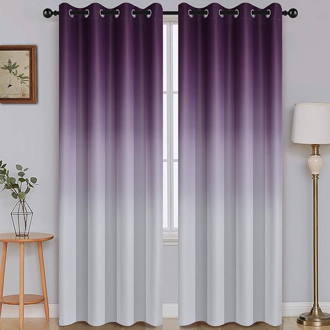 SimpleHome Ombre Room Darkening Curtains for Bedroom, Gradient Purple to Grey White Light Blocking Thermal Insulated Grommet Window Curtains/Drapes for Living Room,2 Panels, 52x84 inches Length