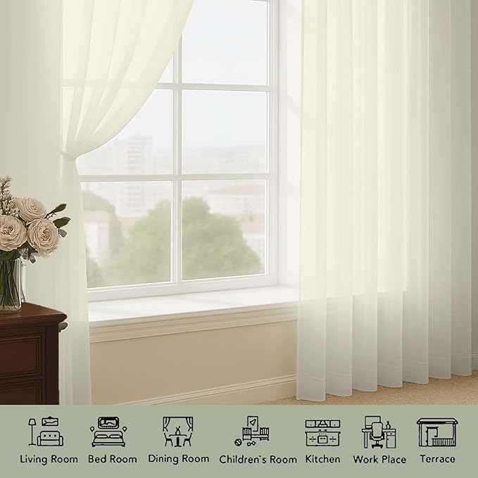 OWENIE Extra Long Cream Sheer Curtains 96 Inches Long 2 Panels Set, Soft Lightweight Airy Voile Sheer Curtain for Bedroom Living Room, Rod Pocket Solid Color Farmhouse Curtains, 59" Wx96 L Inch