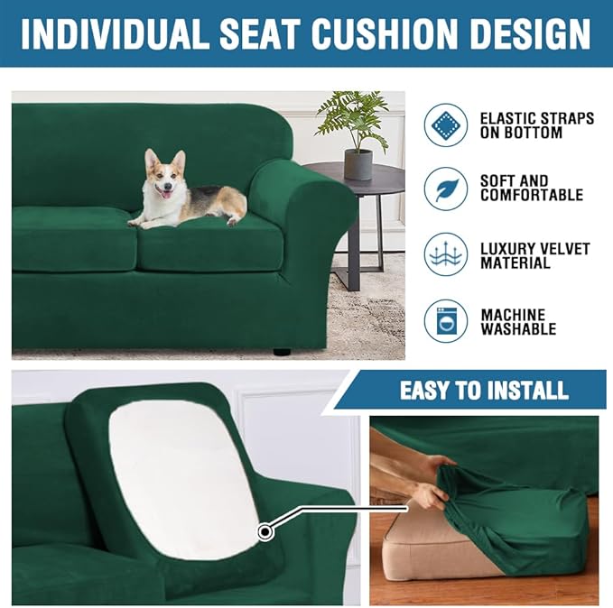 H.VERSAILTEX Rich Velvet Stretch 2 Piece Cover Chair Slipcover Sofa Cover Furniture Protector Couch Soft with Elastic Bottom Chair Couch Cover Width Up to 49 Inch (Chair, Vintage Green)