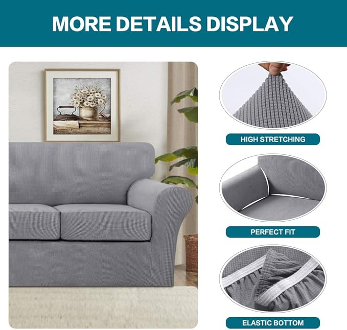 Turquoize 3 Piece Sofa Covers for 2 Cushion Couch Sofa Slipcover Soft Couch Cover for Dogs-Washable Sofa Furniture Covers with 2 Individual Cushion Covers, Feature Thick Fabric (2 Cushion Sofa, Dove)