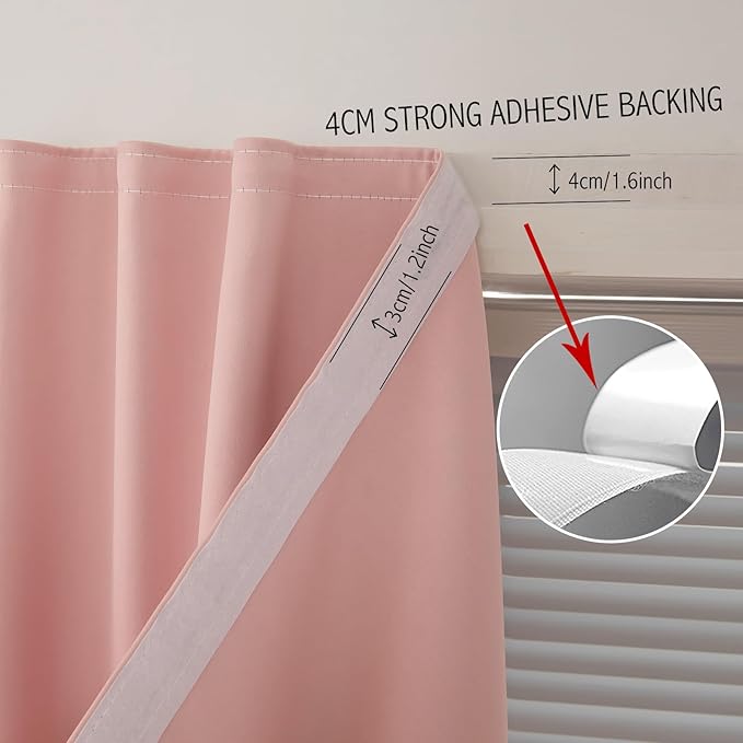 Self Adhesive Blackout Curtains- Stick on Curtains Shades Window Blinds Curtains No Rod Needed Easy to Hang Curtain, Use for Bedroom, Living Room,Roman Shades, 35" W X 59" L, Pink, 1 Panel