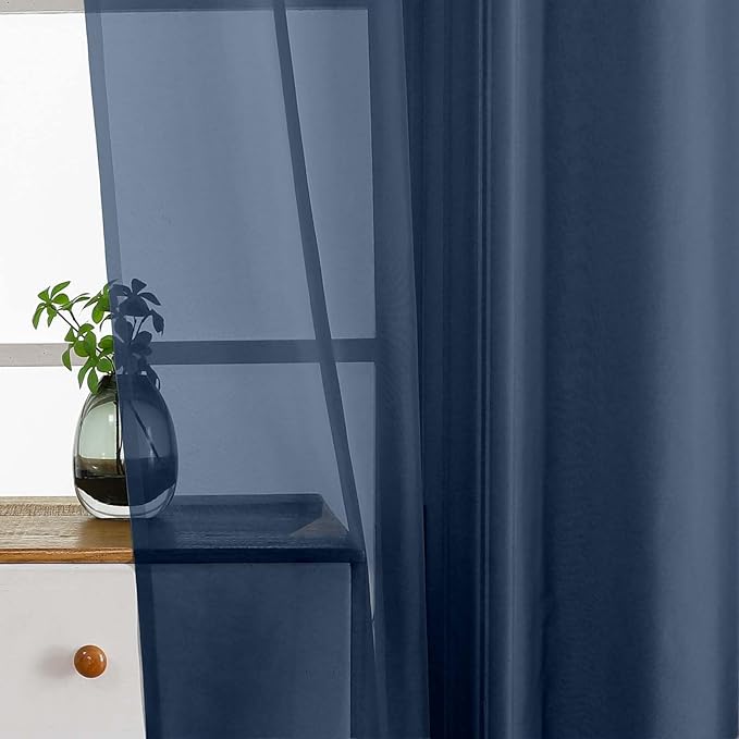 Navy Blue Small Sheer Curtains Tier 24 Inches Length 2 Pieces, Light Filtering Cafe Curtains for Living Room Bathroom, Modern Window Treatments Dual Rod Pocket Panels, 2X42Wx24L Inches