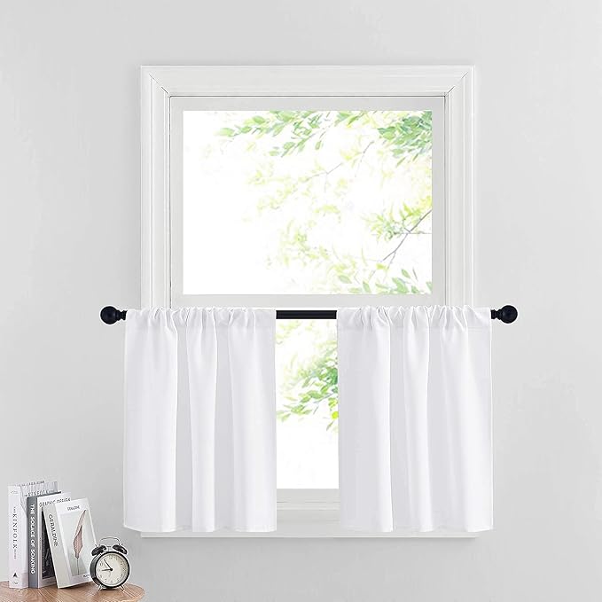 RYB HOME Cafe Curtains 24 inch Length, RV Curtains for Camper Windows, Mini Short Small Insulating Light UV Heat Blocking Privacy Half Window Tiers, Width 29 by Length 24, Pure White, 2 Panels