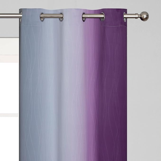 Purple and Grey Blackout Curtains 45 Inches Long,Ombre and Wavy Line Pattern 100% Blackout Curtains for Bedroom,Full Light Blocking Grommet Thermal Insulated Drapes for Kids Room, 42x45 Inch, 2 Panels