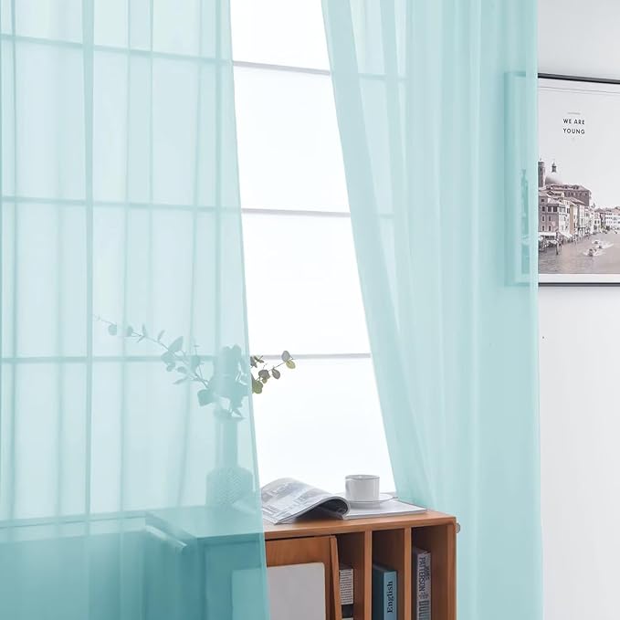 SpaceDresser Basic Rod Pocket Sheer Voile Window Curtain Panels Sky Blue 1 Pair 2 Panels 52 Width 84 Inch Long for Kitchen Bedroom Children Living Room Yard（Sky Blue, 52W x 84L）