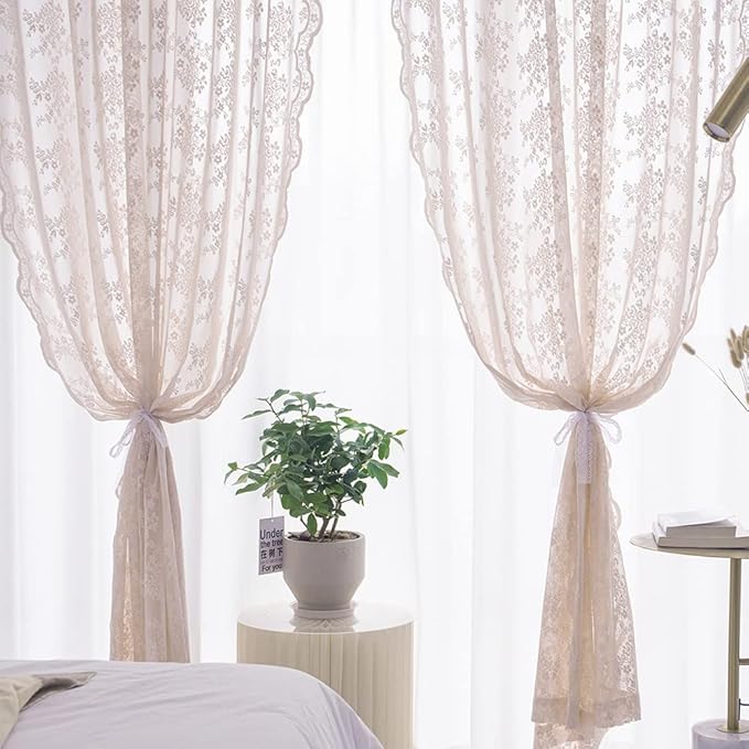 YJ YANJUN Vintage Lace Curtains 72 inchLength Romantic Flowers Sheer Pink Lacy Curtains for Girls Bedroom Living Room Rod Pocket Light Filtering 52 x 72 Inch Dusty Pink