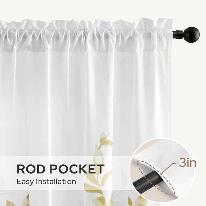 HOMEIDEAS Non-See-Through Gold and White Privacy Sheer Curtains 52 X 63 Inch Length 2 Panels, Leaf Floral Printed Light Filtering Semi Sheer Window Curtains Drapes for Bedroom Living Room