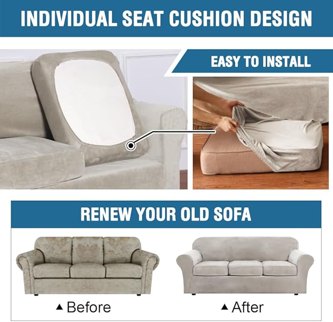 H.VERSAILTEX Rich Polyester Spandex Blend 2 Piece Cover Chair Slipcover Sofa Cover Furniture Protector Couch Soft with Elastic Bottom Chair Couch Cover with Arms Width Up to 49 Inch(Chair, Oatmeal)